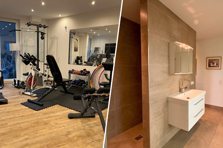 Links das praxiseigene Fitness-Studio, rechts das Mitarbeiter-Bad mit begehbarer Dusche